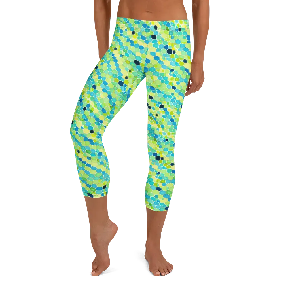 Aqua Mosaic on Capri Leggings — Front
