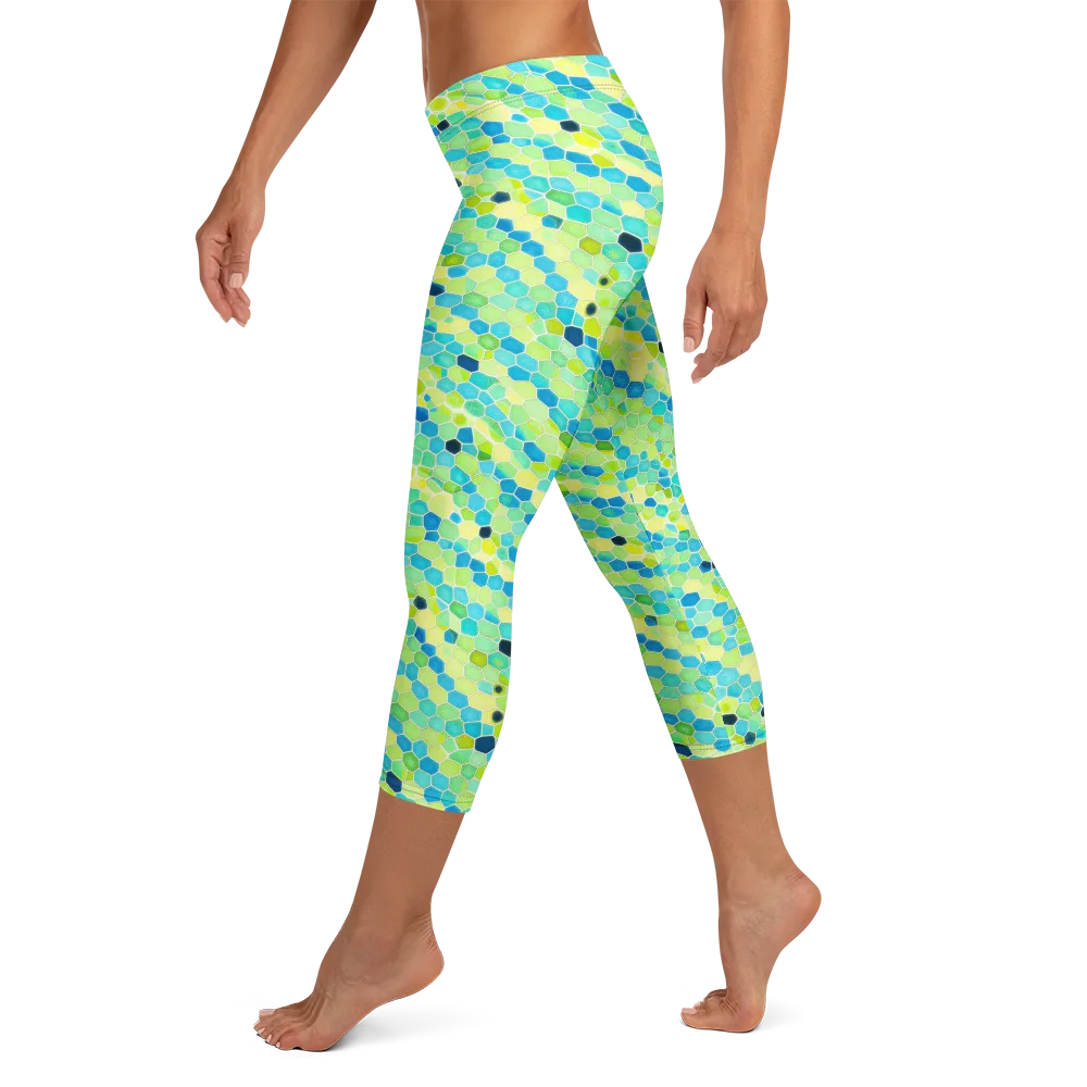 Aqua Mosaic on Capri Leggings — Left