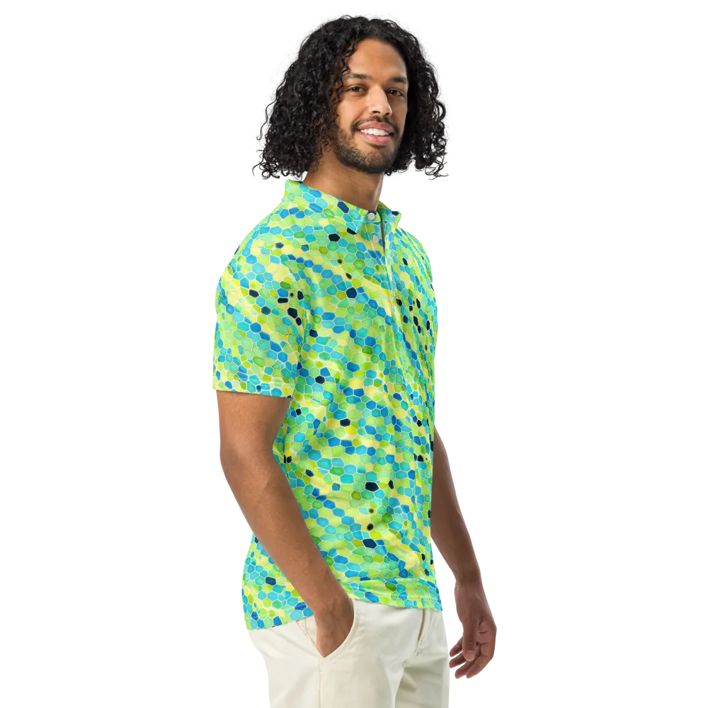 Aqua Mosaic on Men's Slim Fit Polo Shirt — Right Front