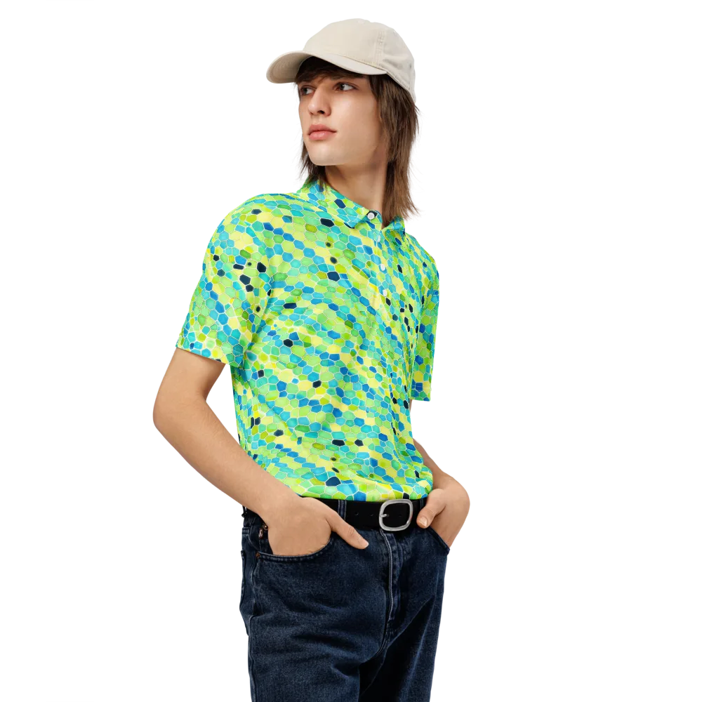 Aqua Mosaic on Men's Slim Fit Polo Shirt — Right Front