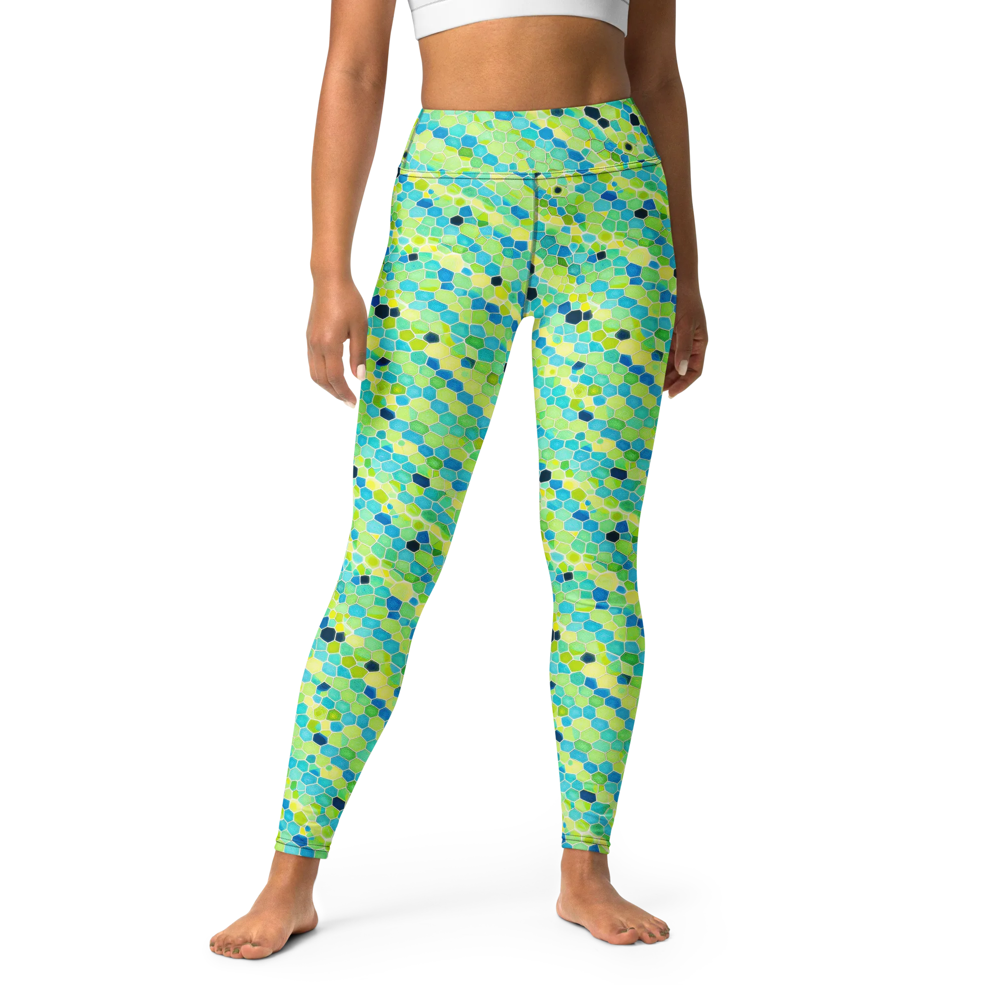 Aqua Mosaic on Yoga Leggings — Front