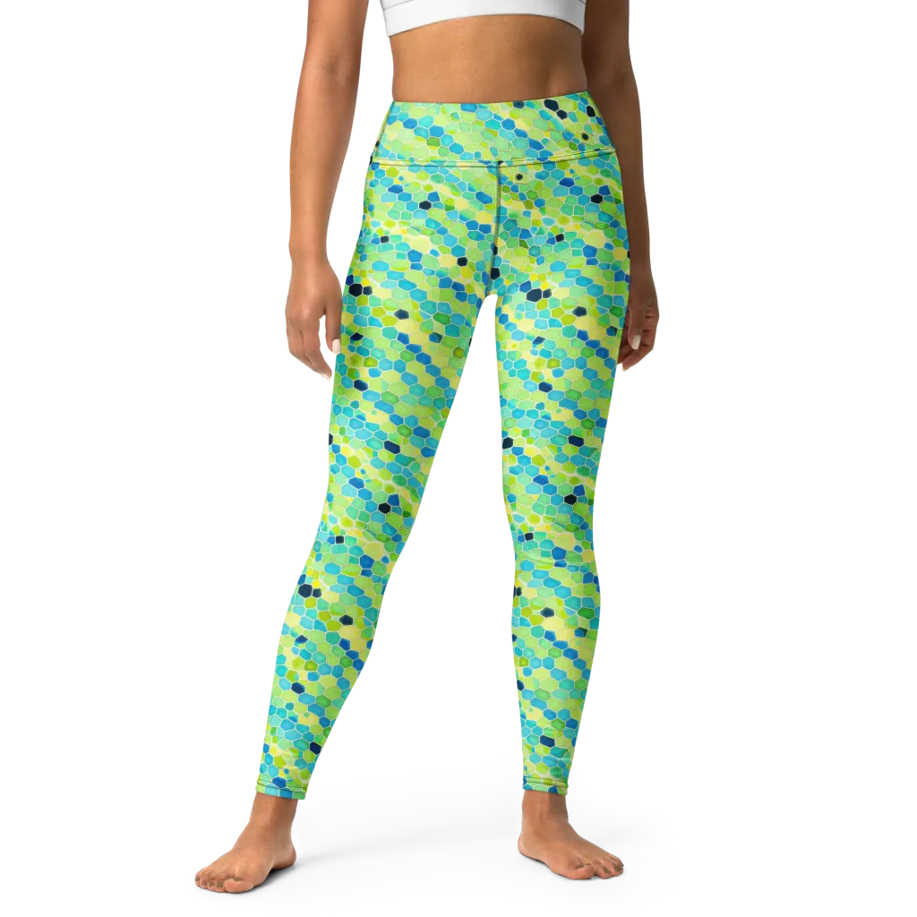 Aqua Mosaic on Yoga Leggings — Front