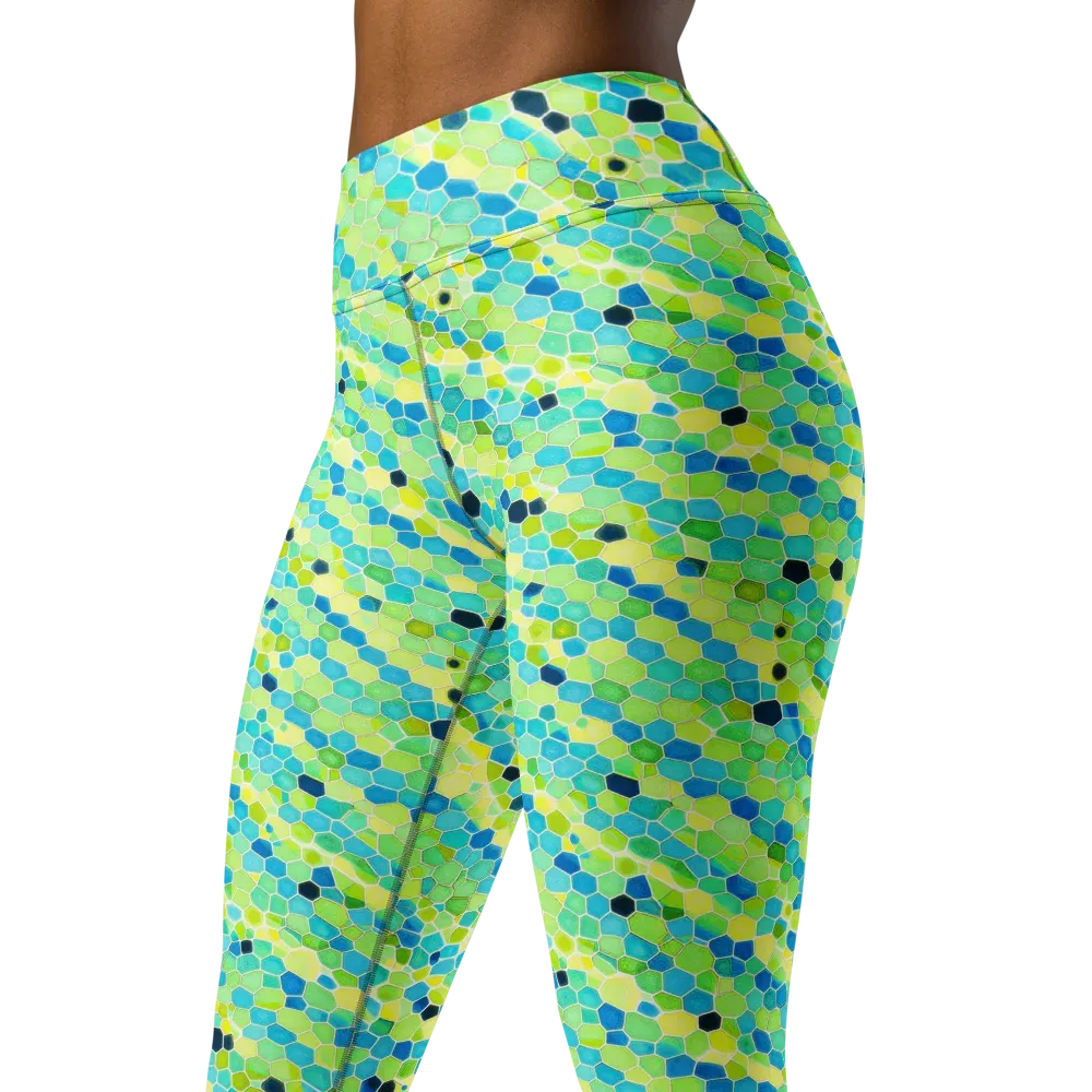 Aqua Mosaic on Yoga Leggings — Left Front