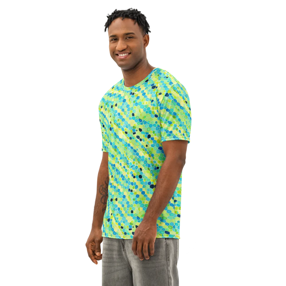 Aqua Mosaic on Men's Cotton Crew Neck T-Shirt — Left Front