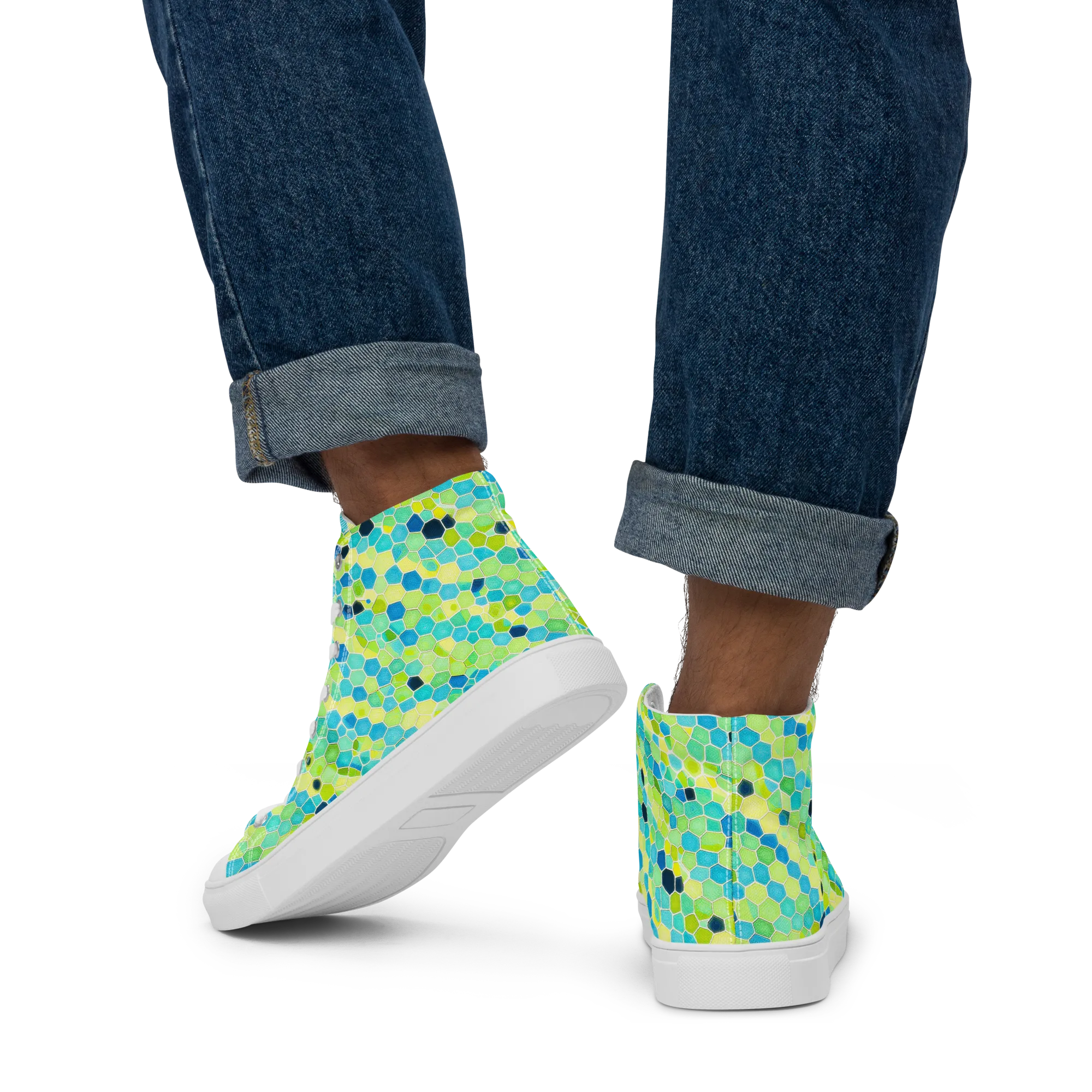 Aqua Mosaic on Men's High Top Canvas Shoes — Back