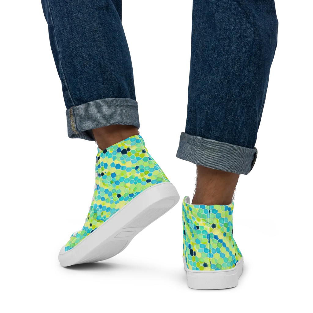 Aqua Mosaic on Men's High Top Canvas Shoes — Back