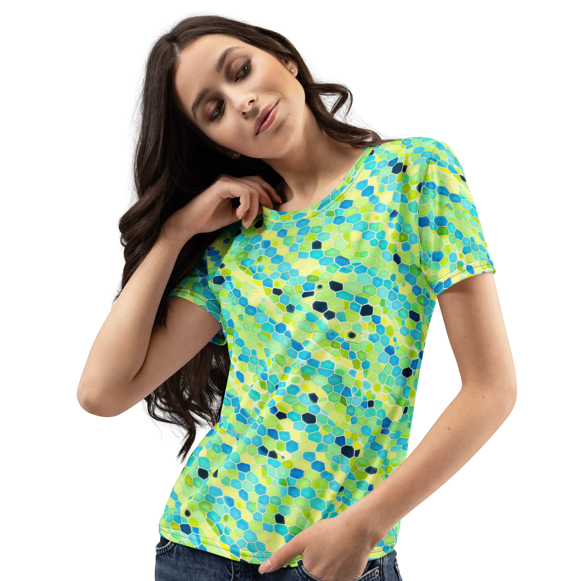 Aqua Mosaic on Women's Crew Neck T-Shirt — Left Front