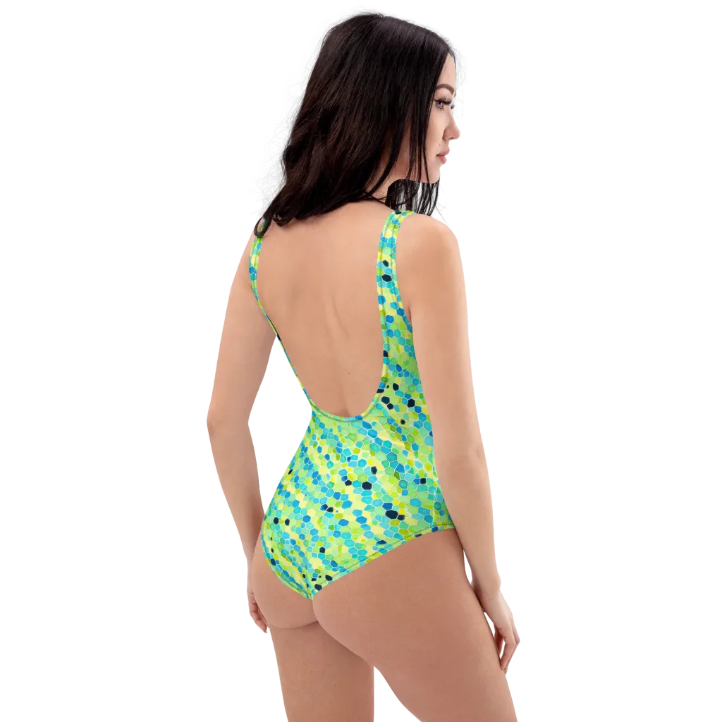 Aqua Mosaic on One-Piece Swimsuit — Right Back