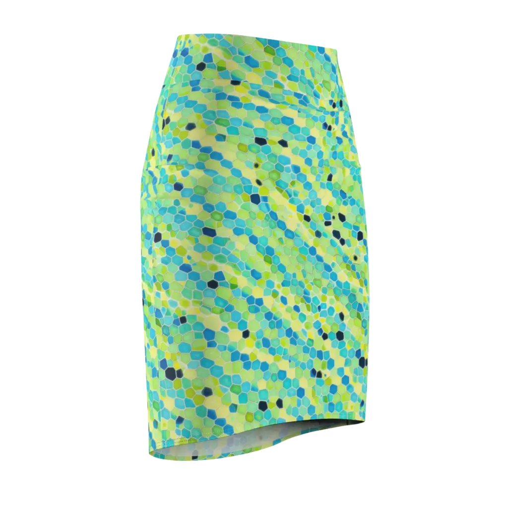 Aqua Mosaic on Pencil Skirt — Front Side