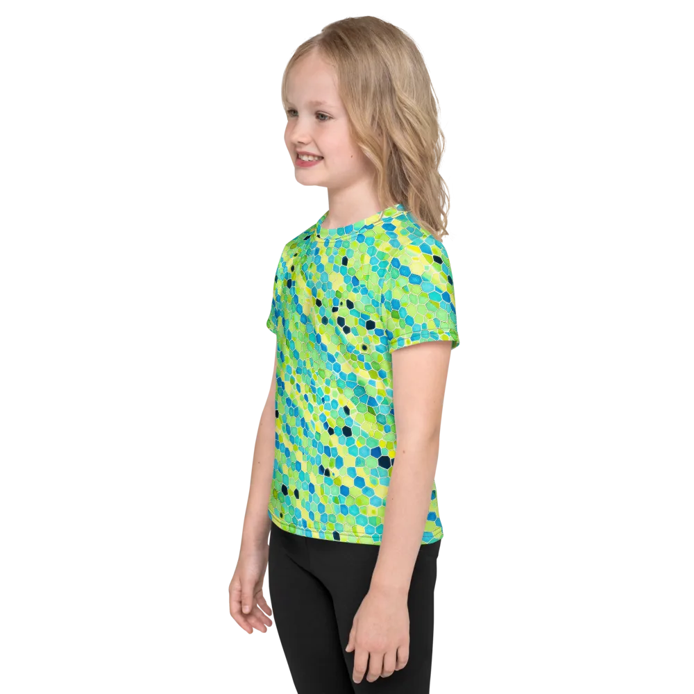 Aqua Mosaic on Kids Crew Neck T-Shirt — Left