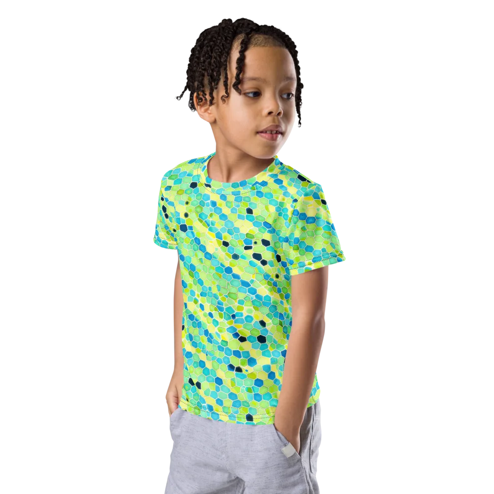 Aqua Mosaic on Kids Crew Neck T-Shirt — Left Front