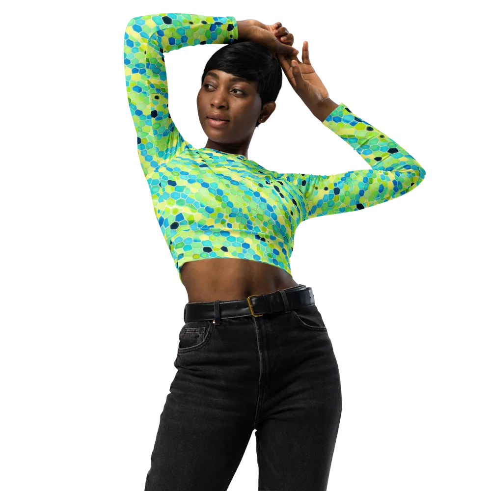 Aqua Mosaic on Long Sleeve Crop Top — Front