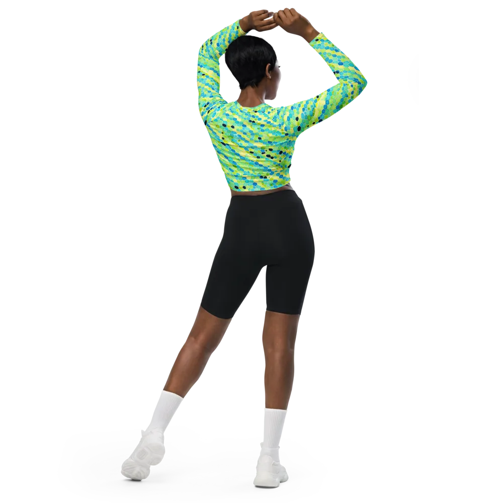 Aqua Mosaic on Long Sleeve Crop Top — Back
