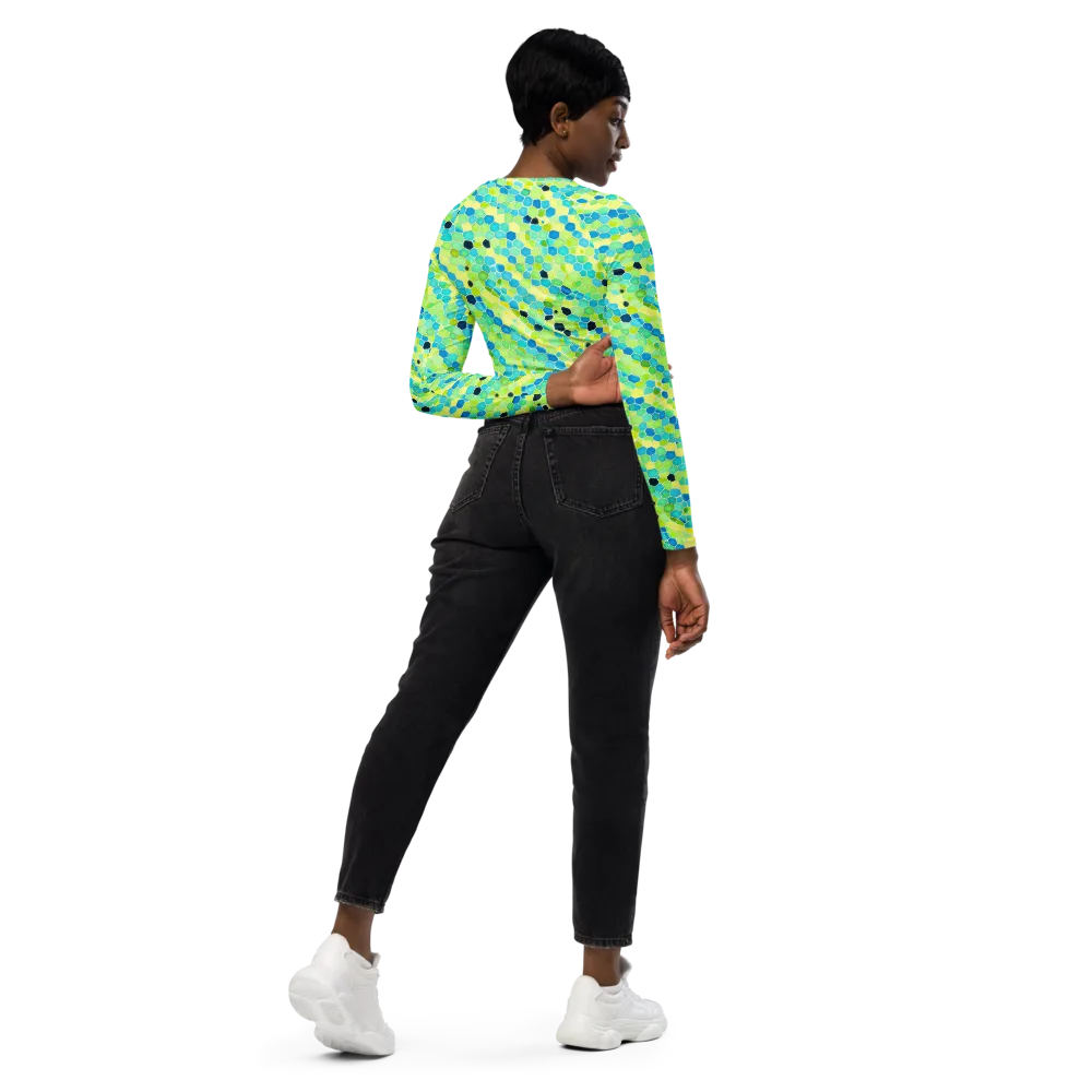Aqua Mosaic on Long Sleeve Crop Top — Right Back