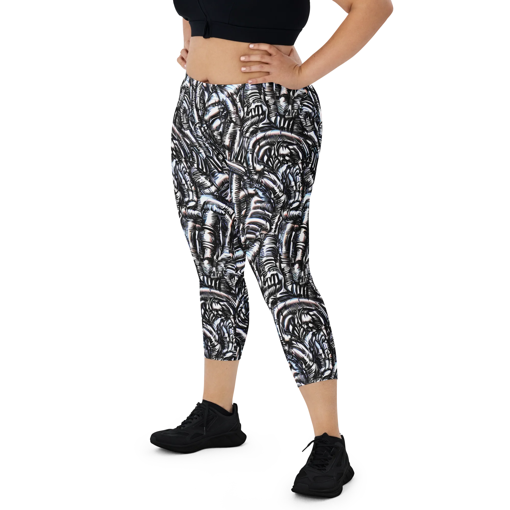 Black Ice Bloom on Capri Leggings — Front