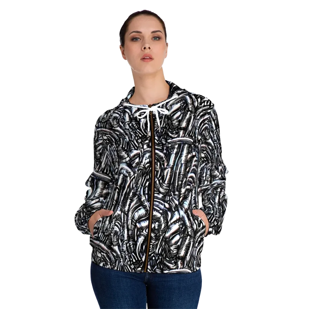 Black Ice Bloom on Women's Full-Zip Hoodie — Front On Person