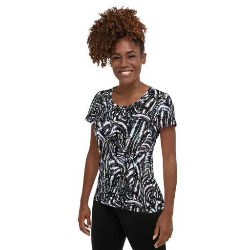 Black Ice Bloom on a Women's Athletic T-Shirt