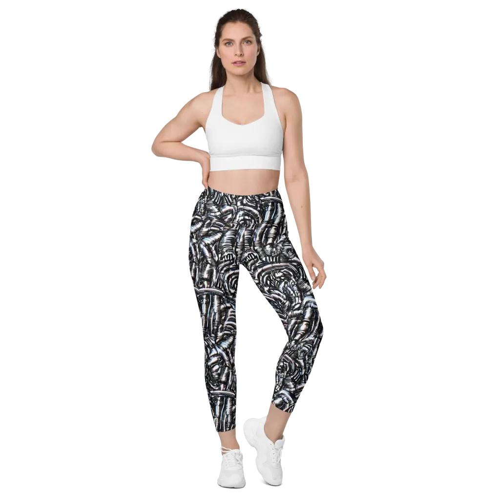 Black Ice Bloom on Leggings with Pockets — Front
