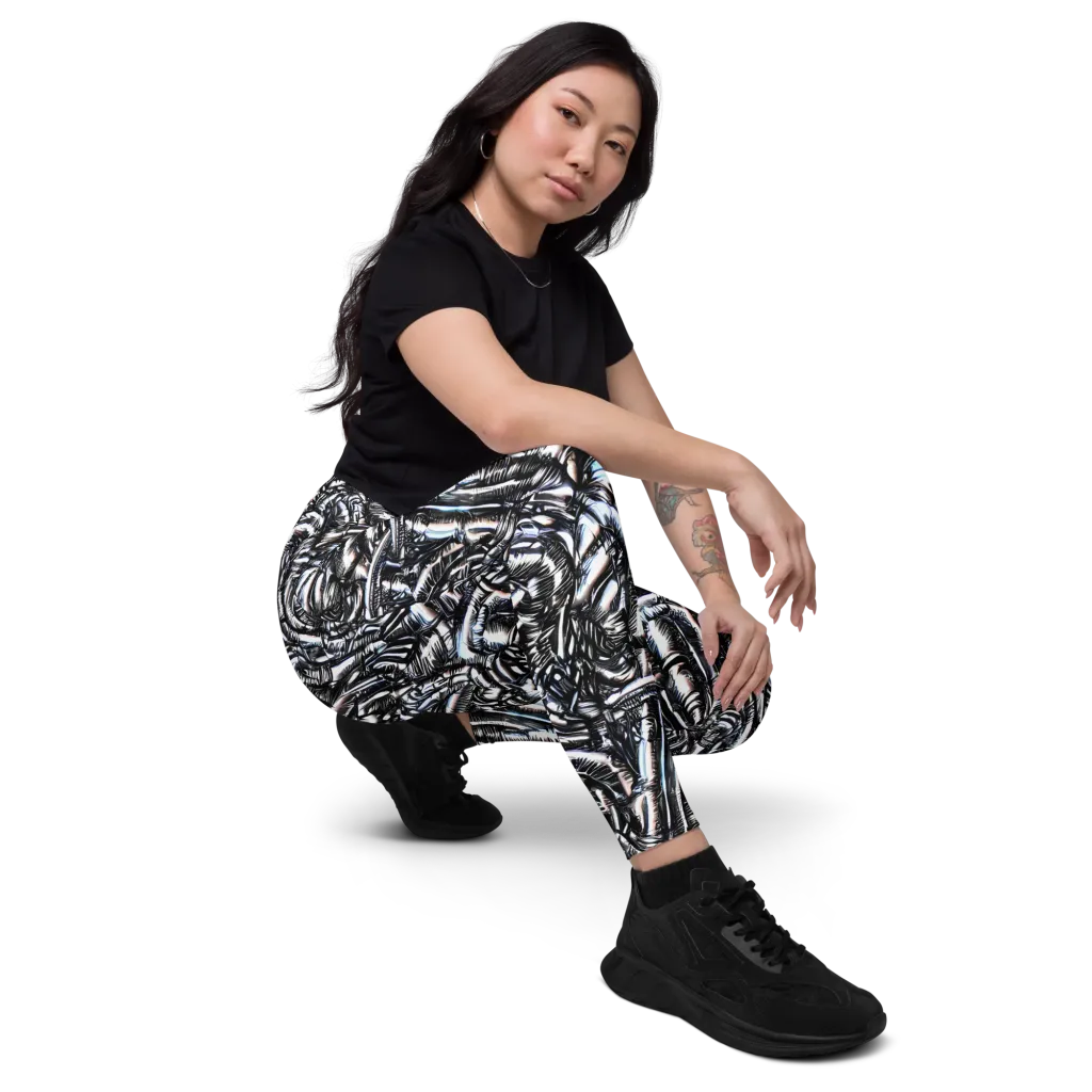 Black Ice Bloom on Leggings with Pockets — Right Front