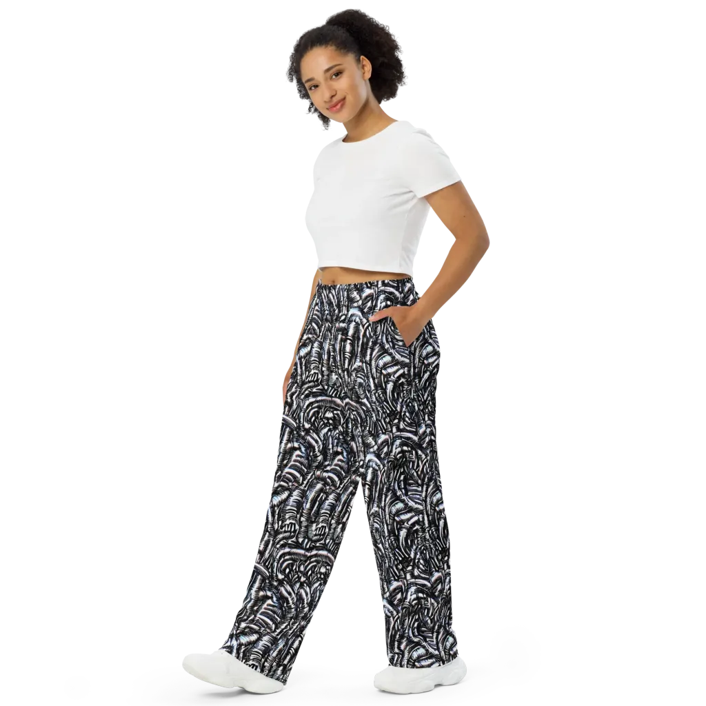 Black Ice Bloom on Wide-Leg Pants — Left Front