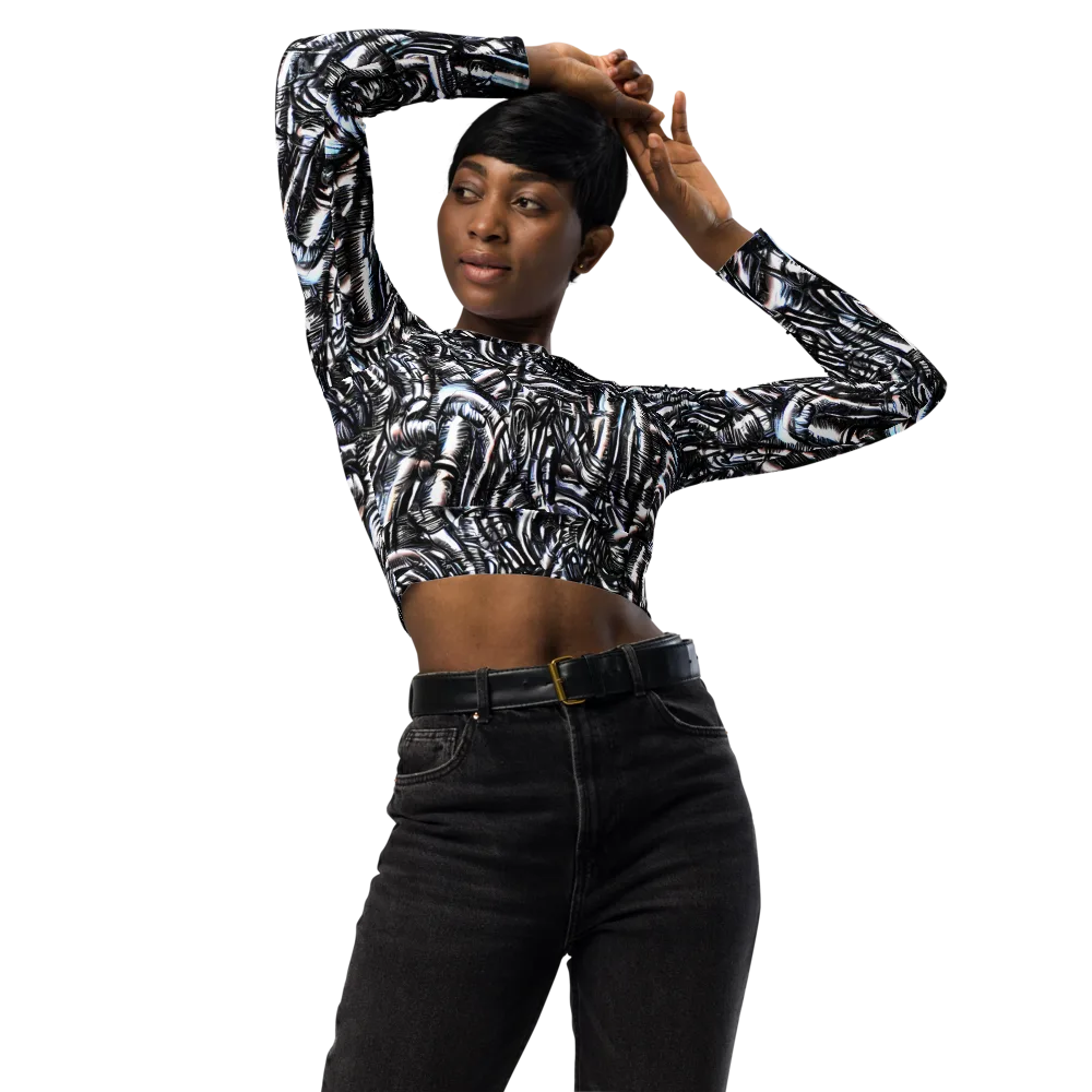 Black Ice Bloom on Long Sleeve Crop Top — Front