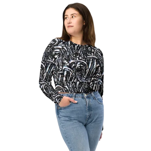 Black Ice Bloom on a Long Sleeve Crop Top