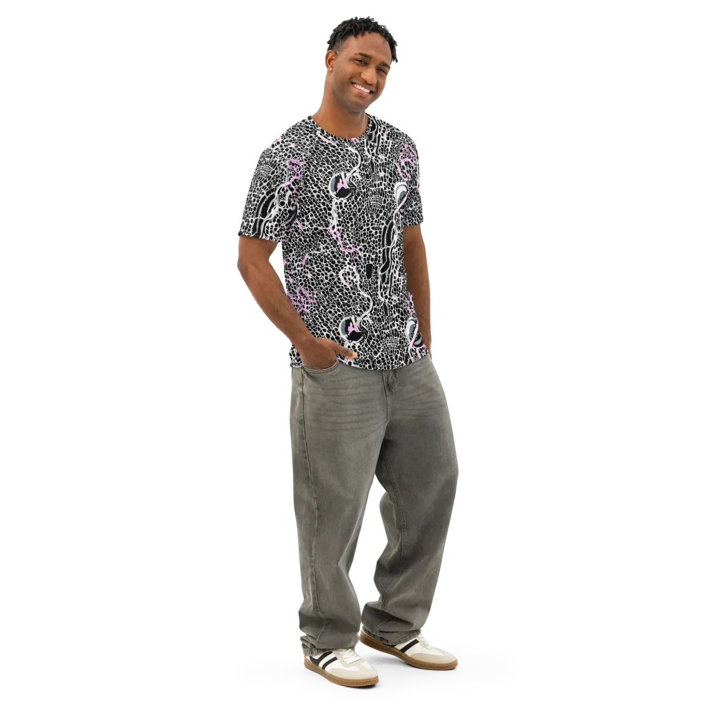 Pink Fracture on Men's Cotton Crew Neck T-Shirt — Right Front
