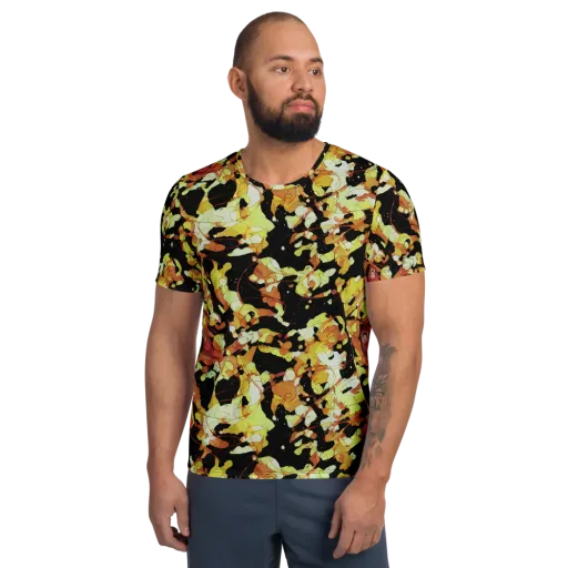 Saffron Orbit on a Men's Athletic T-Shirt
