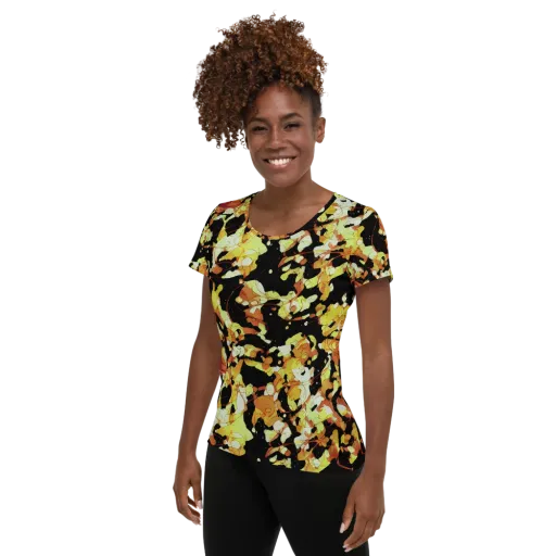 Saffron Orbit on a Women's Athletic T-Shirt