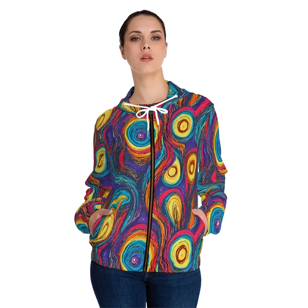 Painted Planets on Women's Full-Zip Hoodie — Front On Person
