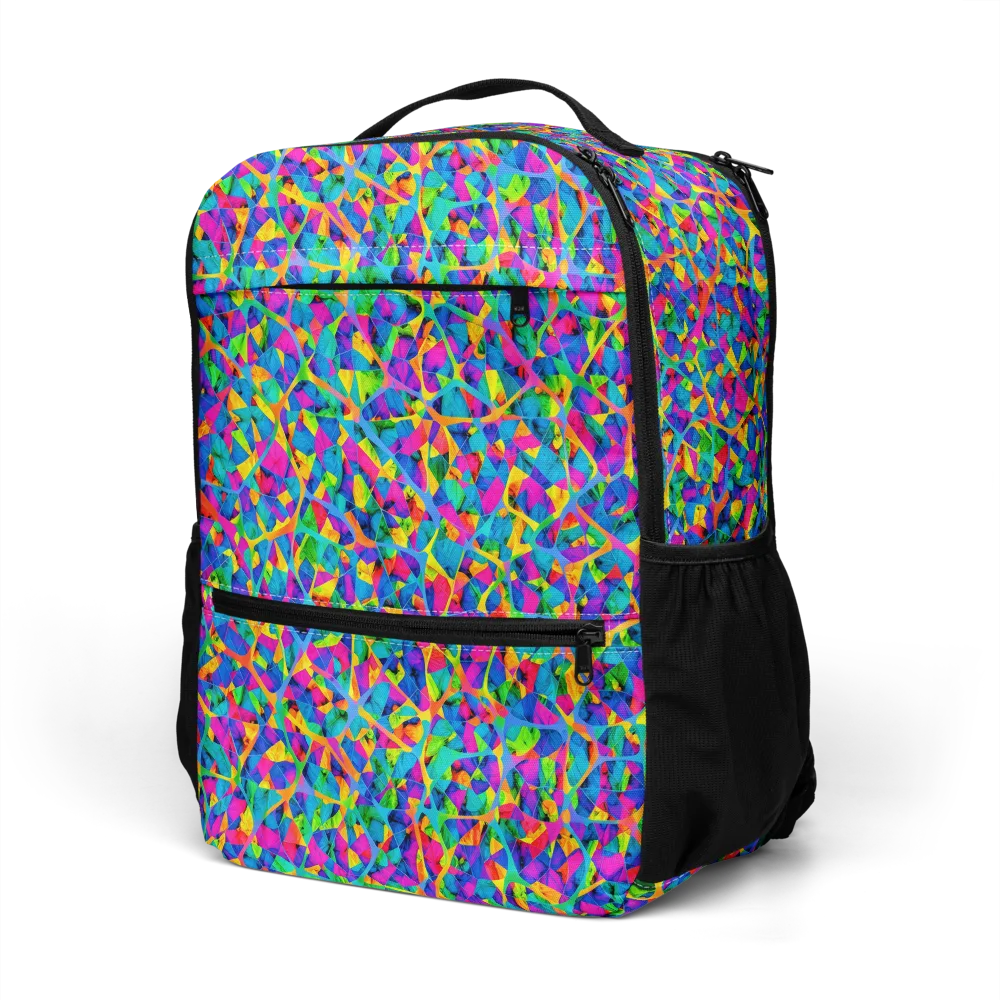 Neon Kaleidoscope on Utility Backpack — Left Front