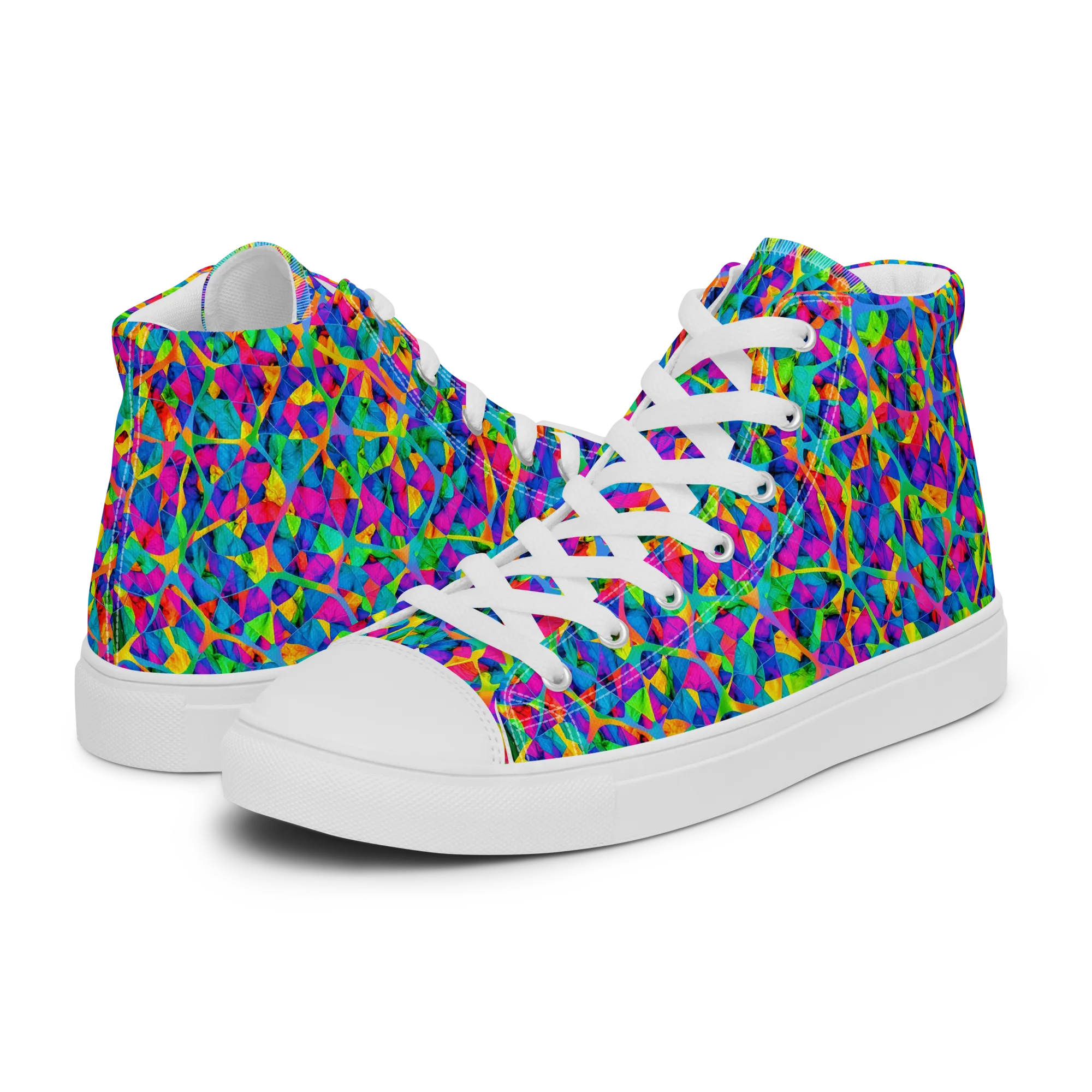 Neon Kaleidoscope on Women's High Top Canvas Shoes — Left