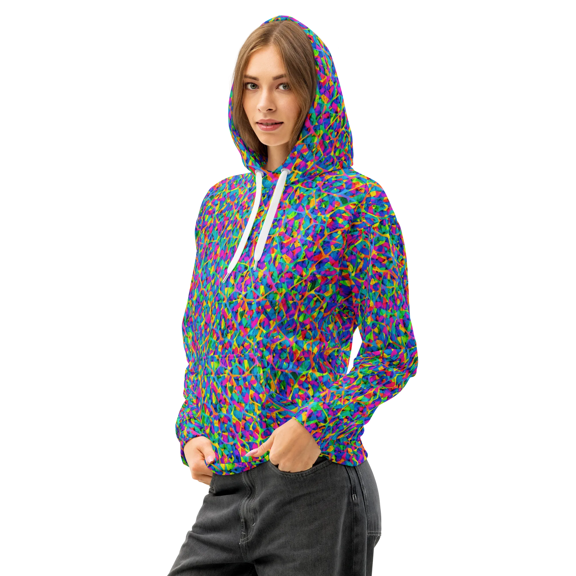 Neon Kaleidoscope on Cotton Hoodie — Left Front