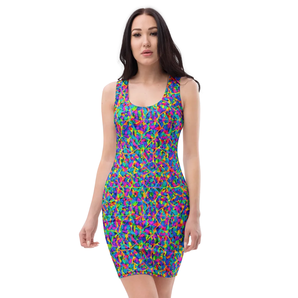 Neon Kaleidoscope on Bodycon Dress — Front