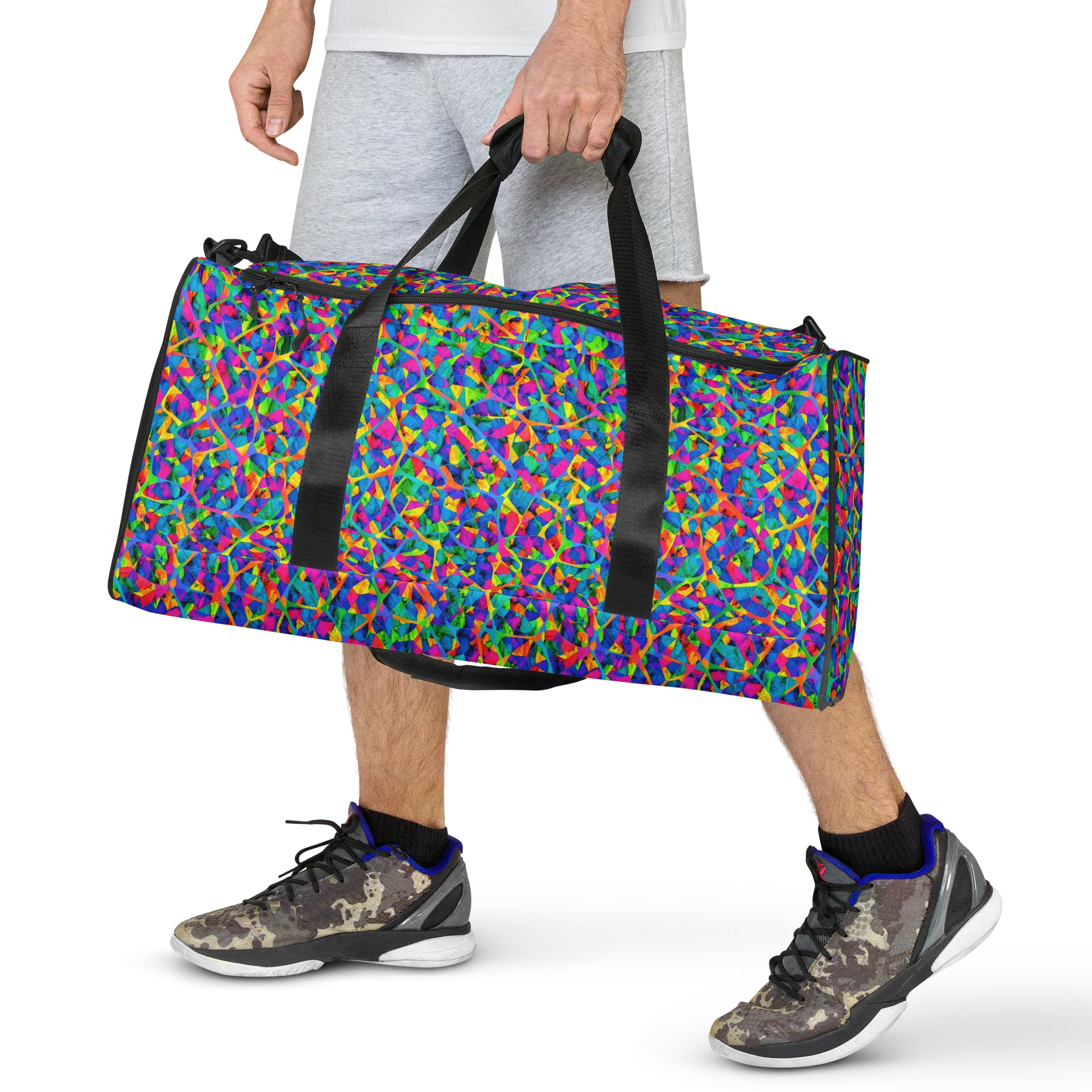 Neon Kaleidoscope on Duffle Bag — Front
