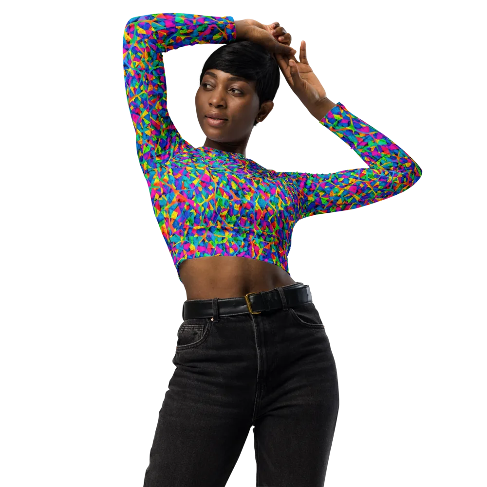 Neon Kaleidoscope on Long Sleeve Crop Top — Front