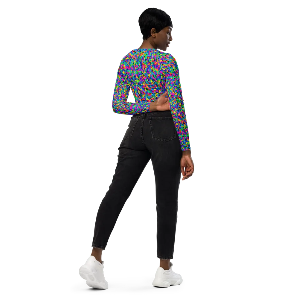 Neon Kaleidoscope on Long Sleeve Crop Top — Right Back