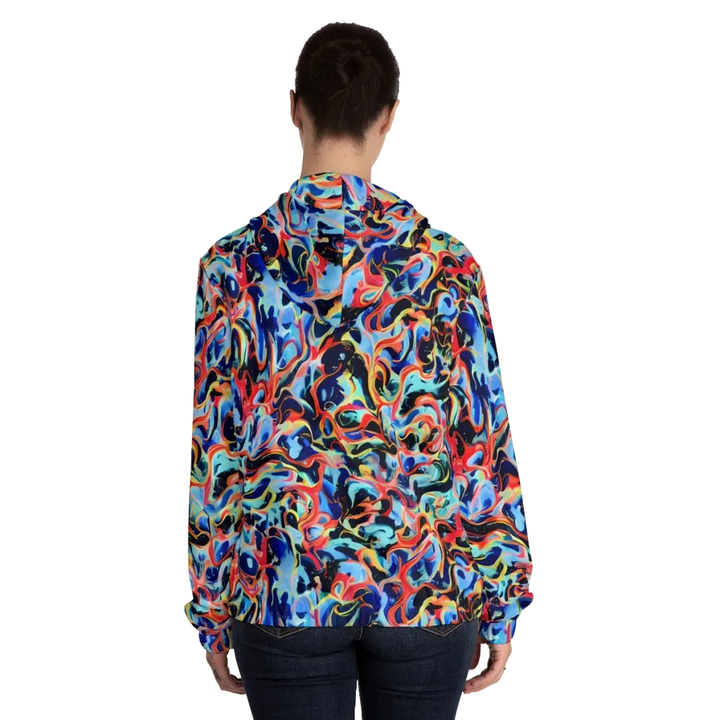 Bluefire Swirl on Women's Full-Zip Hoodie — Back On Person