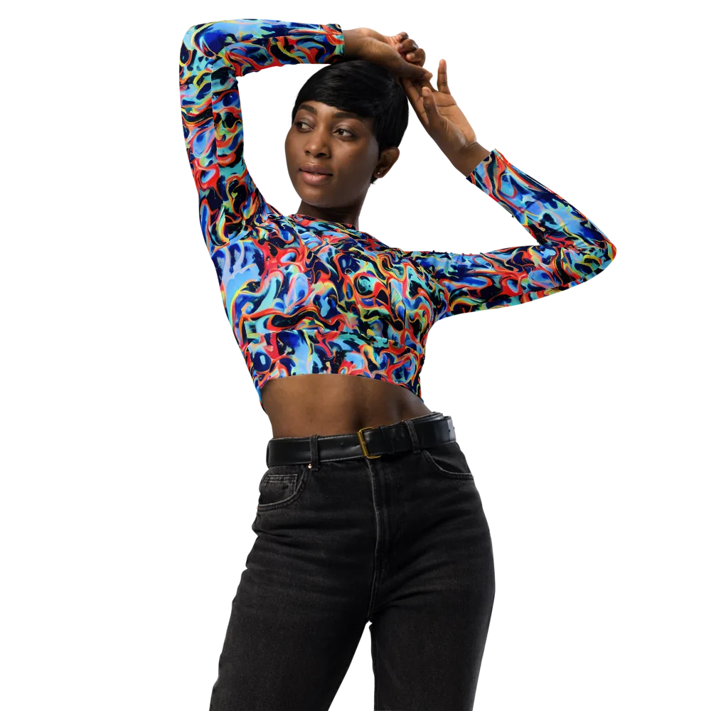 Bluefire Swirl on Long Sleeve Crop Top — Front