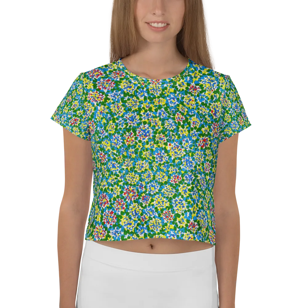Chromatic Pebble Garden on Crop Tee — Front