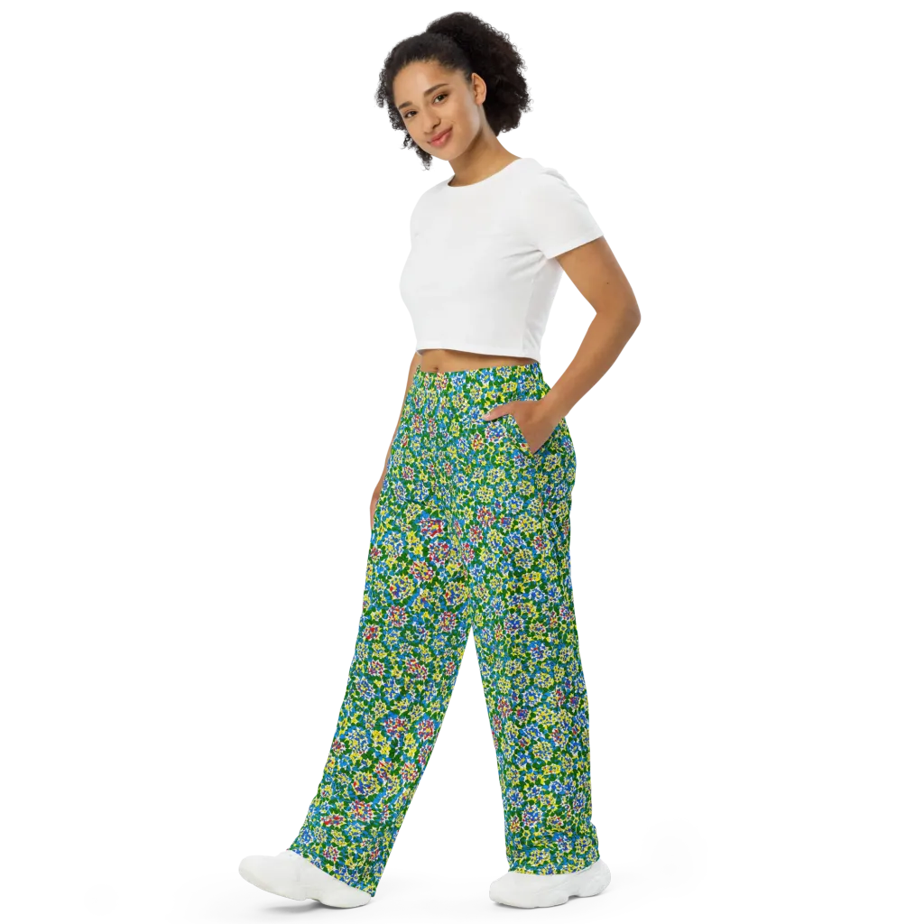 Chromatic Pebble Garden on Wide-Leg Pants — Left Front