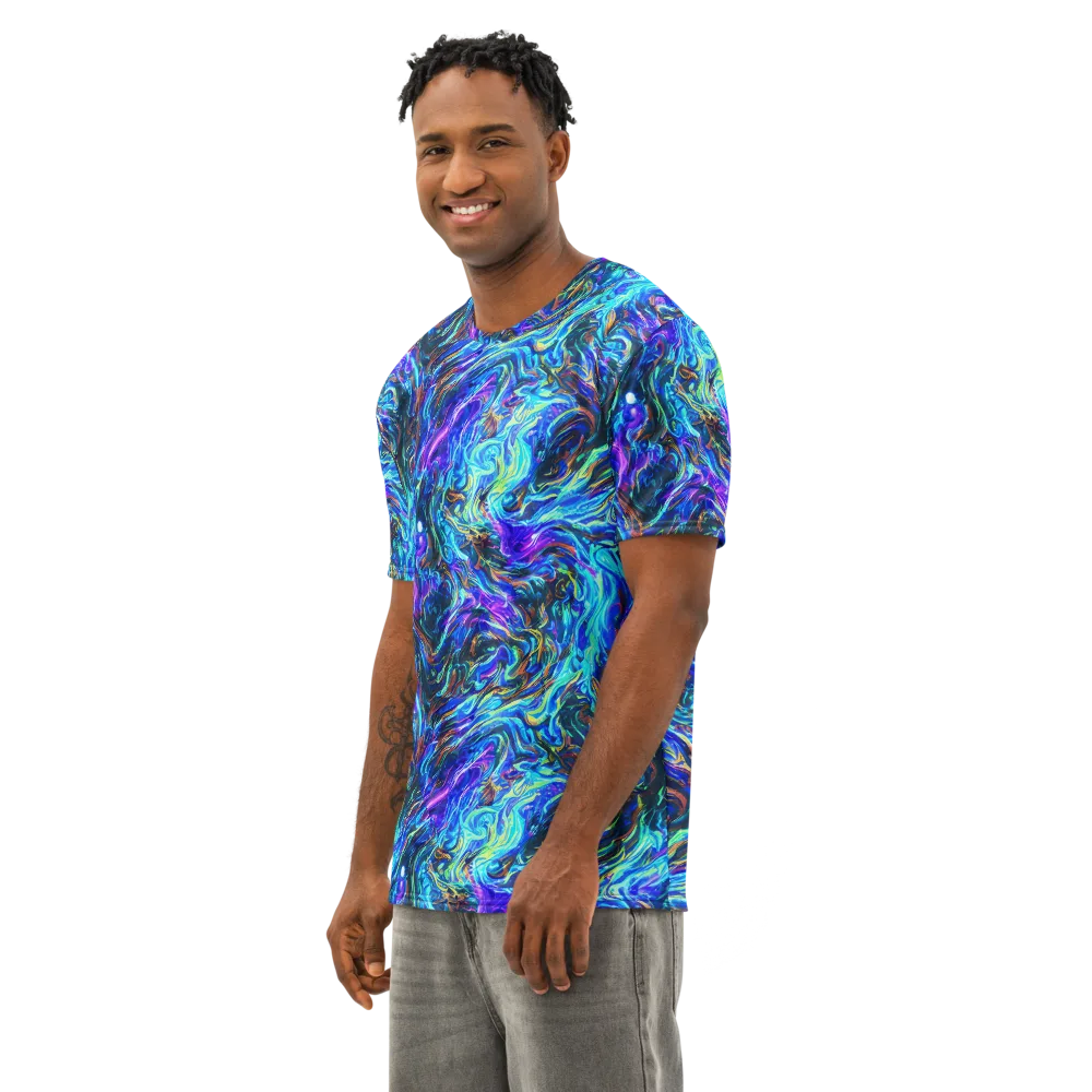 Neon Oceanus on Men's Cotton Crew Neck T-Shirt — Left Front