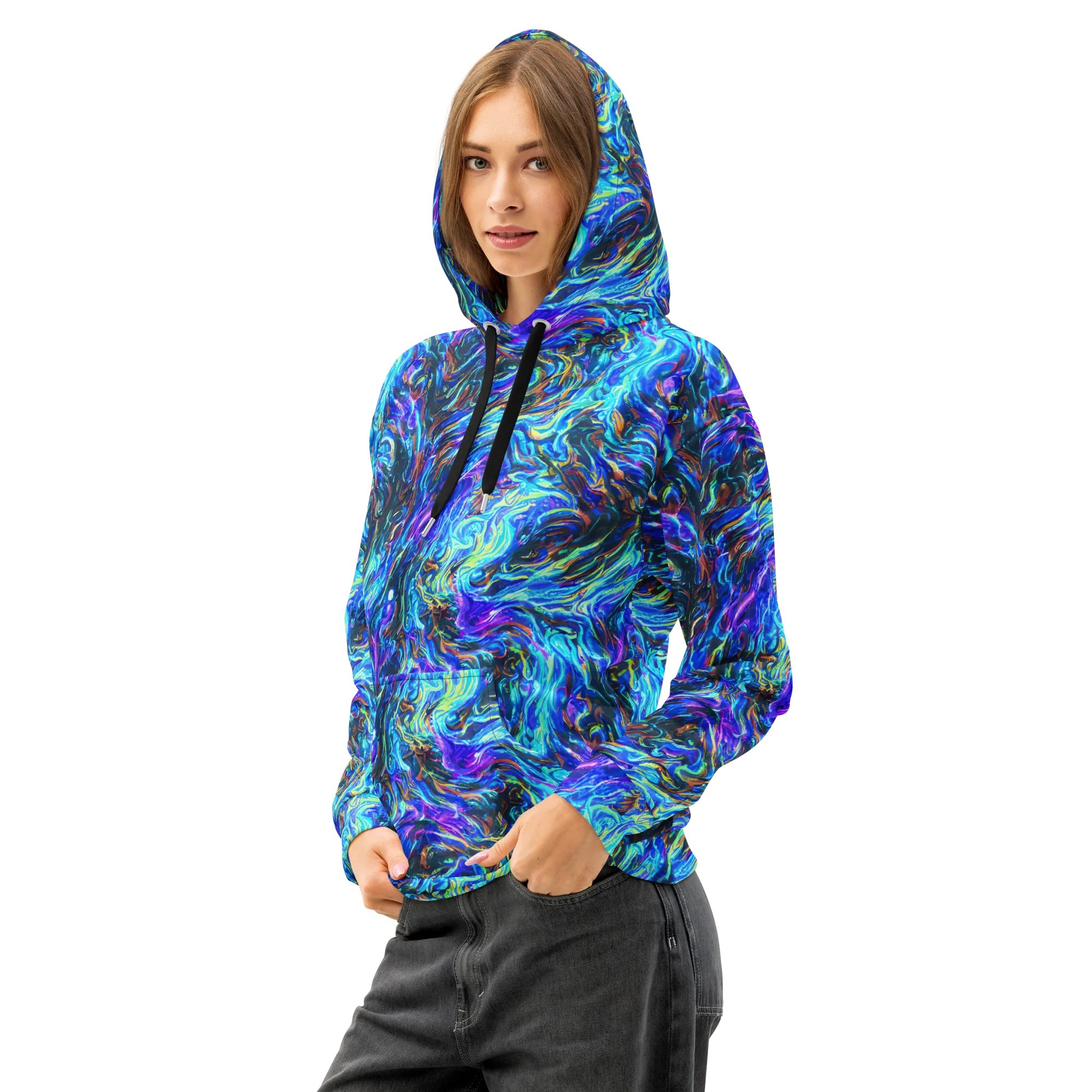 Neon Oceanus on Cotton Hoodie — Left Front