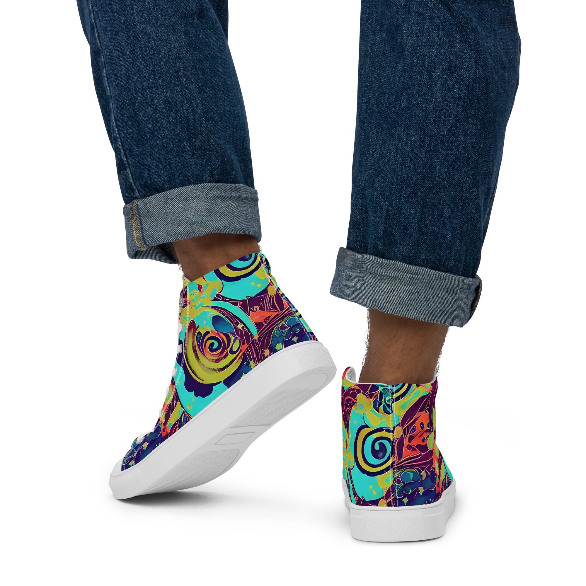 Vivid Spiral Tide on Men's High Top Canvas Shoes — Back