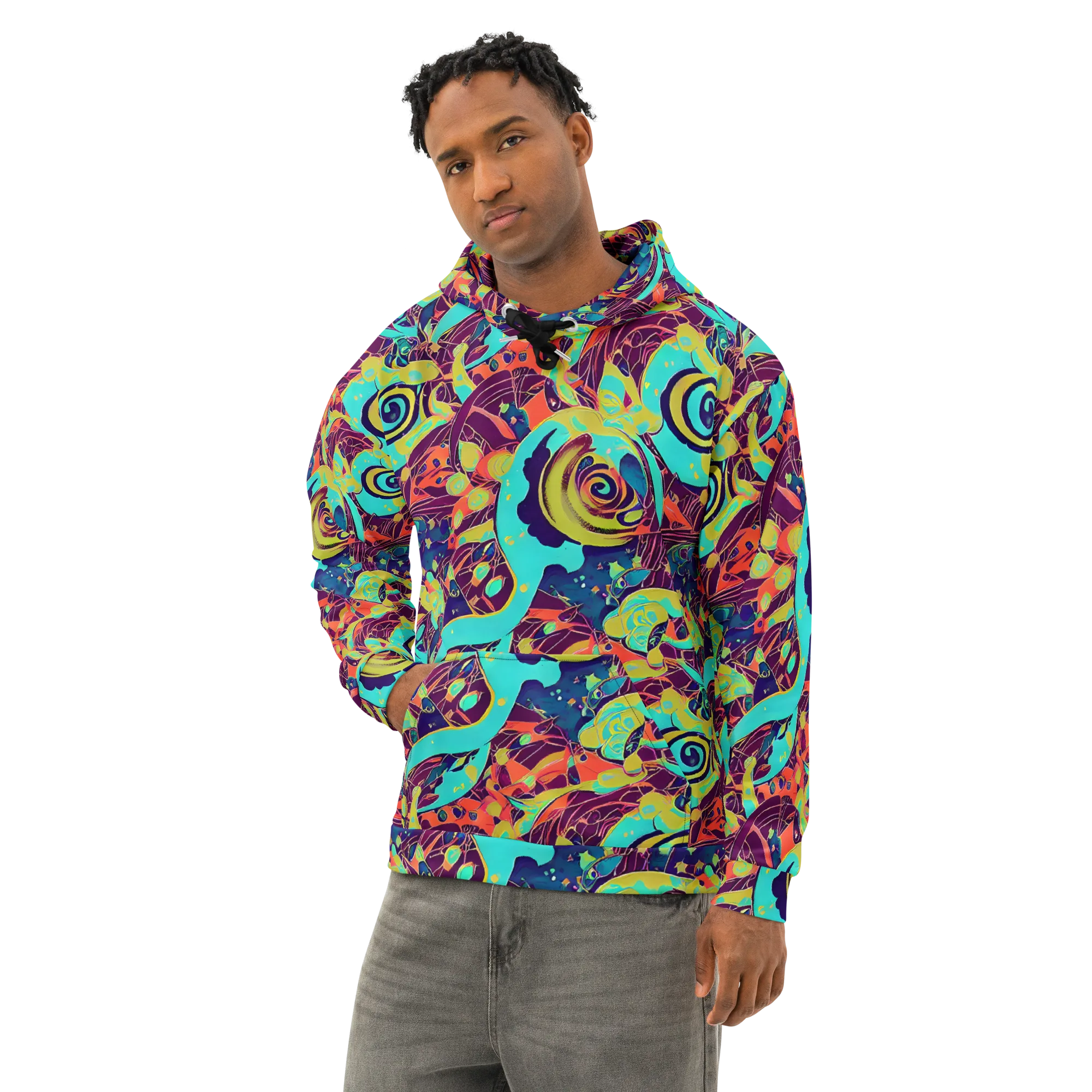 Vivid Spiral Tide on Cotton Hoodie — Left Front