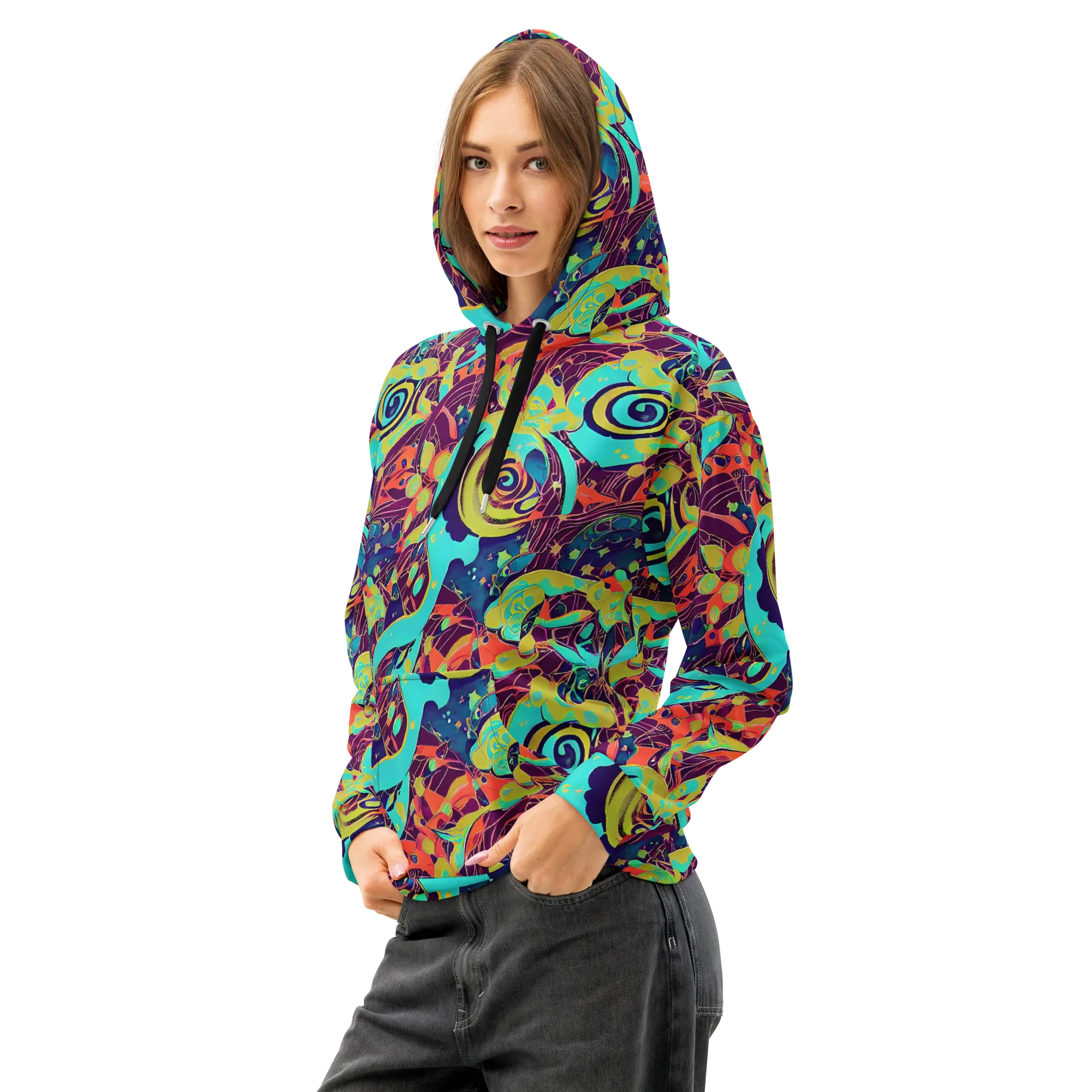 Vivid Spiral Tide on Cotton Hoodie — Left Front