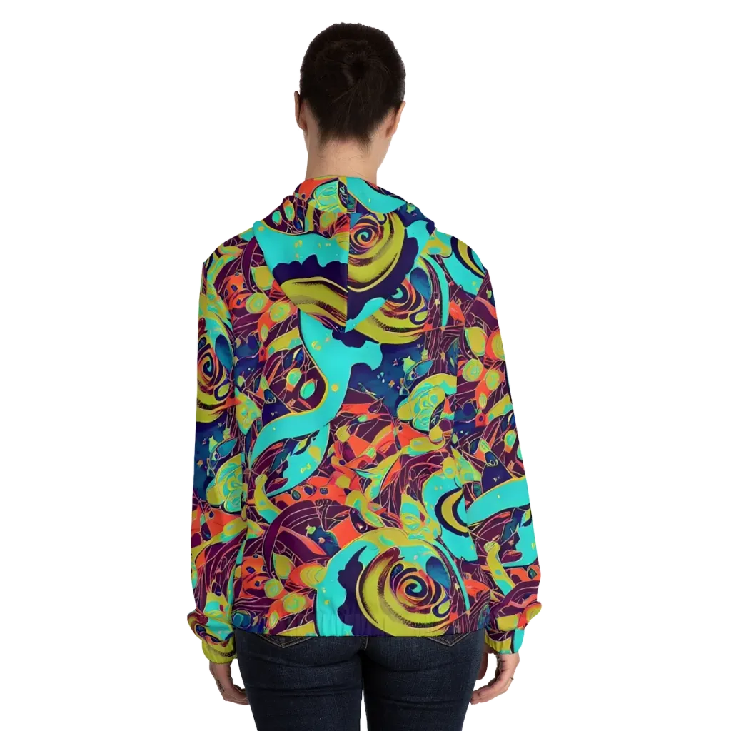 Vivid Spiral Tide on Women's Full-Zip Hoodie — Back On Person