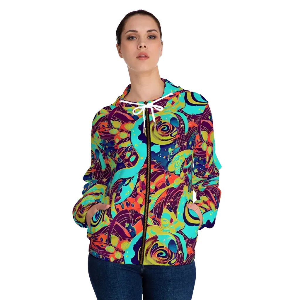 Vivid Spiral Tide on Women's Full-Zip Hoodie — Front On Person