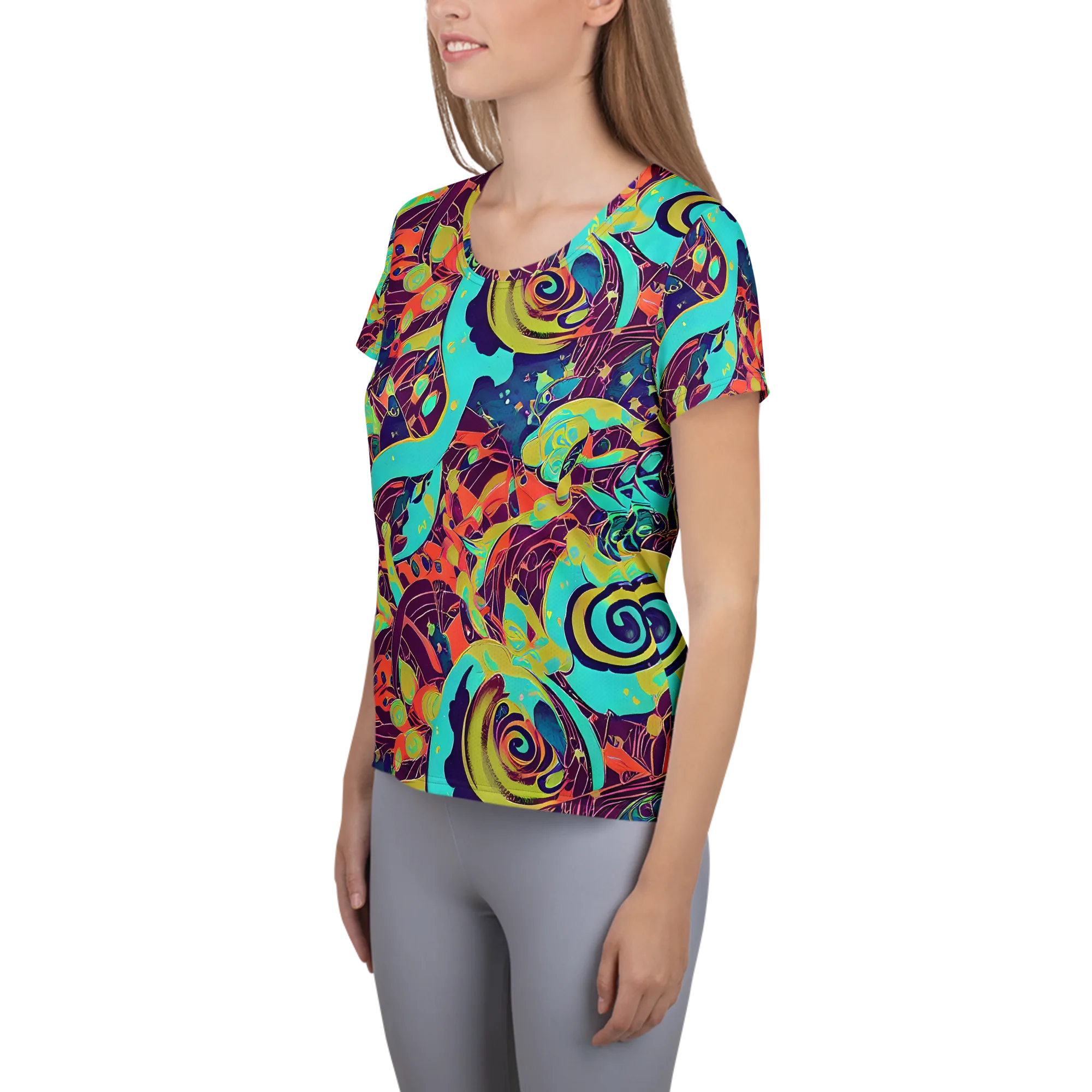 Vivid Spiral Tide on Women's Athletic T-Shirt — Left