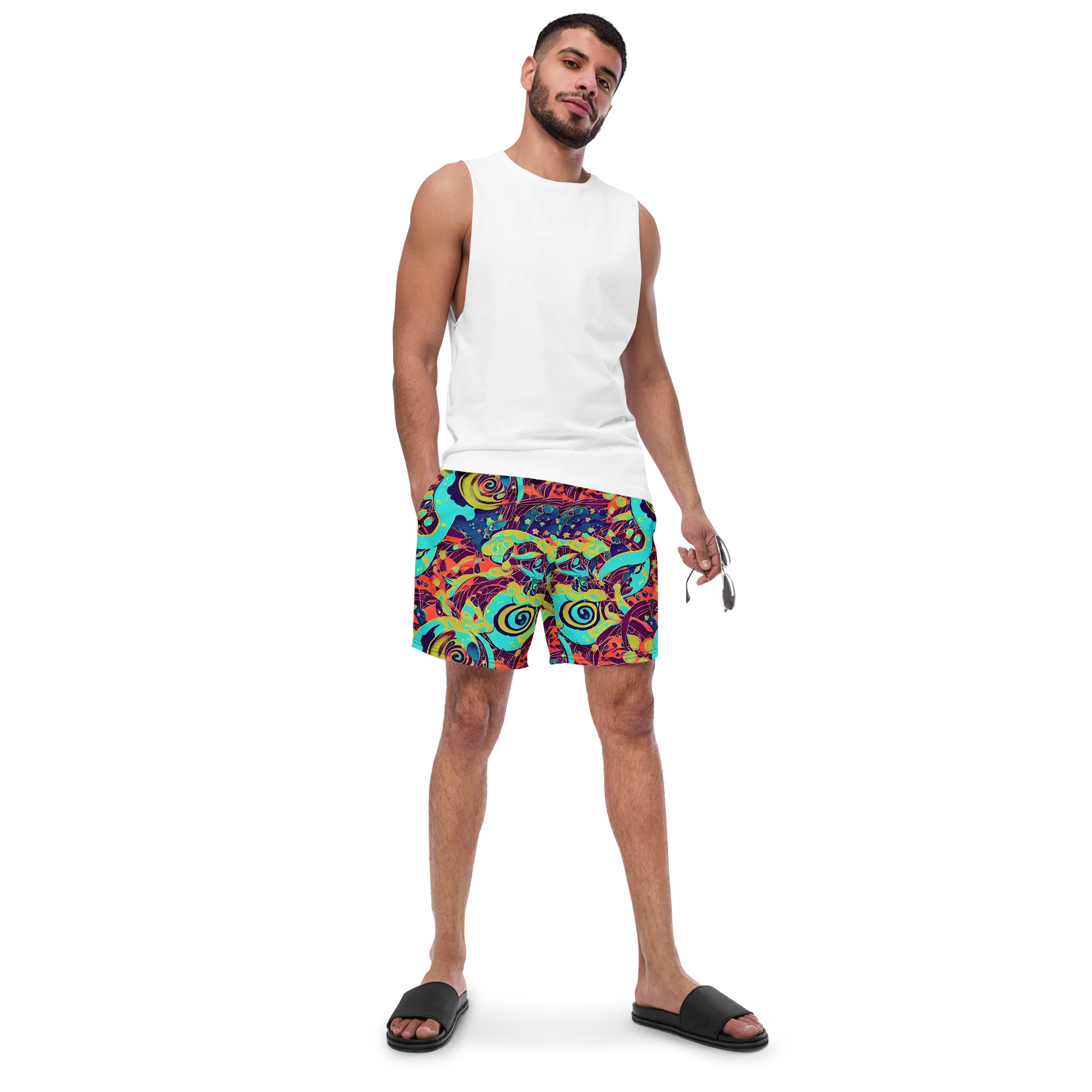 Vivid Spiral Tide on Swim Trunks — Front